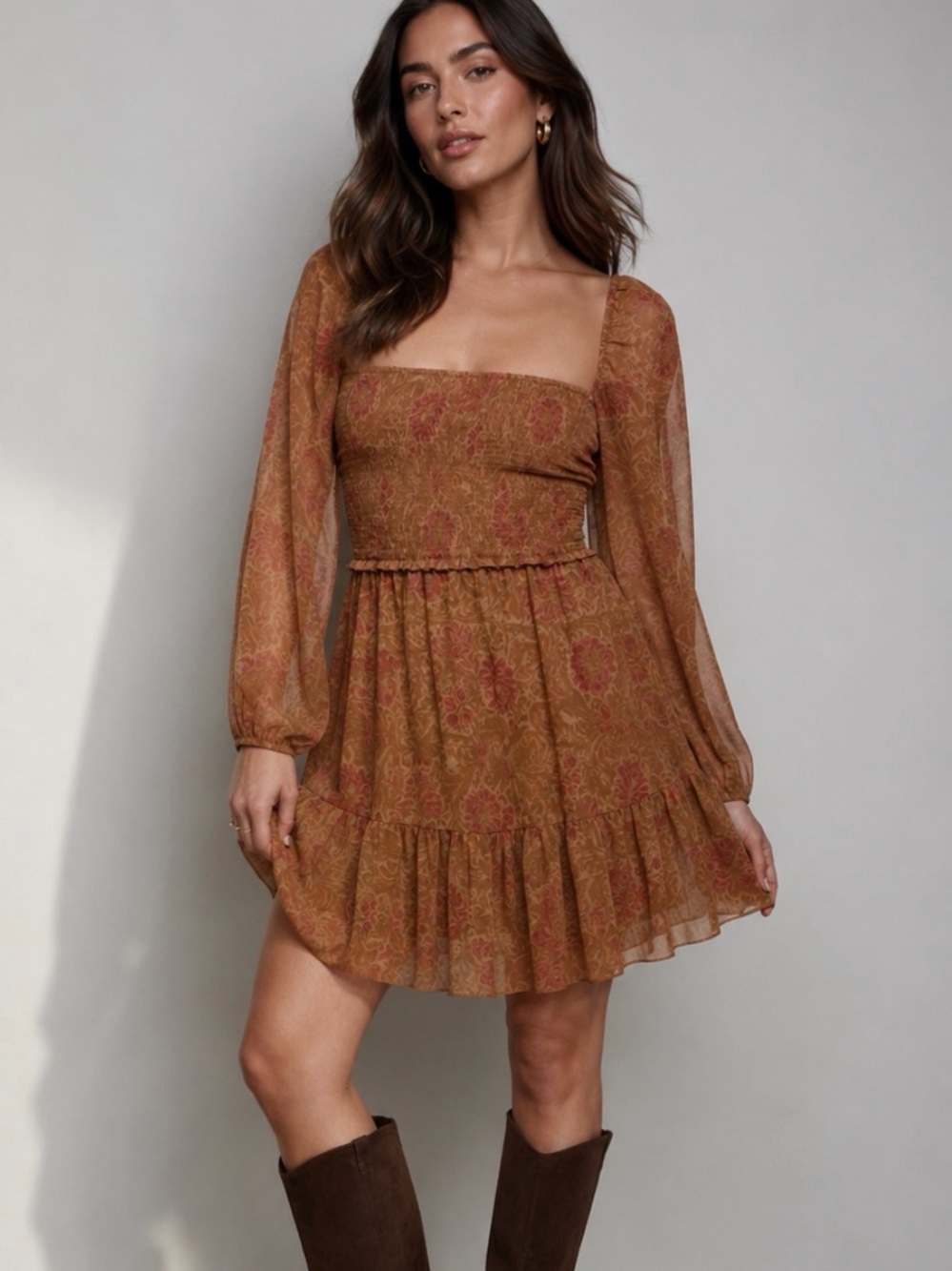 Aritzia WILFRED Tempest Maplewood Brown Floral Mini Dress XS